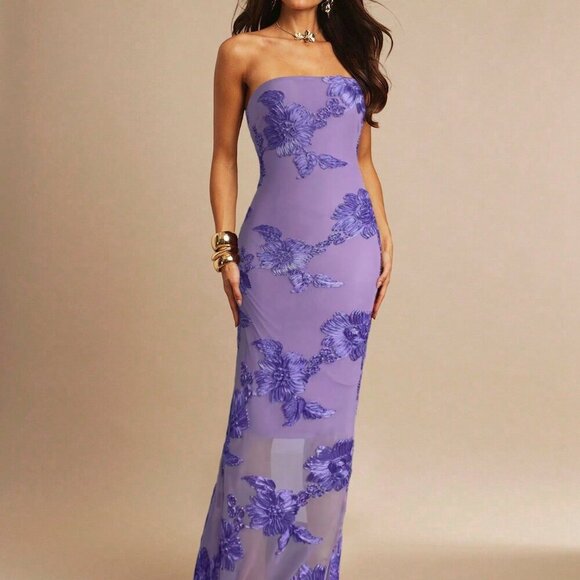 Dresses & Skirts - Mauve Purple Party Women's 3d Floral Sexy Bodycon Camisole Dress